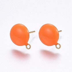 Ion Plating(IP) 304 Stainless Steel Stud Earring Findings, with Loop, Enamel, Flat Round, Golden, Orange, 12.5x10x2mm, Hole: 1.2mm, Pin: 0.8mm, 100pc/bag(STAS-P203-A05-02)