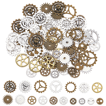 102Pcs 17 Style Tibetan Style Alloy Steampunk Charms Sets, Gear Charm, Mixed Color, 11.5~22x1mm, Hole: 1~3.5mm, 6pcs/style