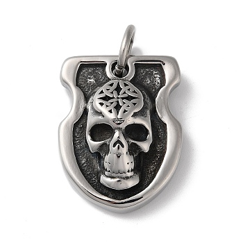304 Stainless Steel Pendants, with Jump Ring, Shield with Skull Charm, Antique Silver, 39x31x12mm, Hole: 10mm