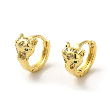 Leopard Head Brass Hoop Earrings, with Cubic Zirconia, Real 18K Gold Plated, 12x15x8mm