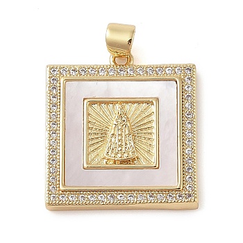 Brass Micro Pave Cubic Zirconia Pendants, with Shell Charms, Virgin Mary, Real 18K Gold Plated, Square, 24.5x21.5x3.5mm, Hole: 3.5x4mm