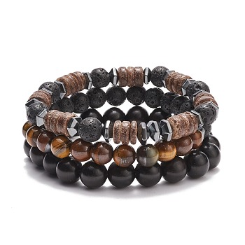 3Pcs 3 Style Natural & Synthetic Mixed Stone Stretch Bracelets Set with Wood Beaded for Women, Inner Diameter: 2-1/4~2-3/8 inch(5.7~6cm), 1Pc/style