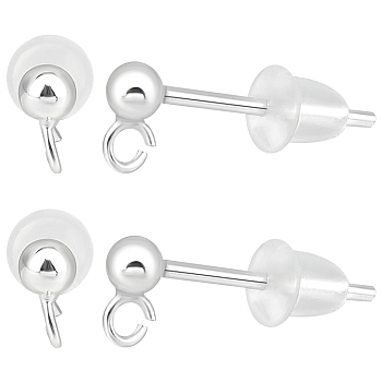 5 Pairs 925 Sterling Silver Round Ball Stud Earring Findings, Earring Posts with Vertical Loops, 925 Stamp, 10Pcs Plastic Ear Nuts, Silver, 14mm, head: 5x2.5mm, Hole: 1mm, Pin: 0.7mm