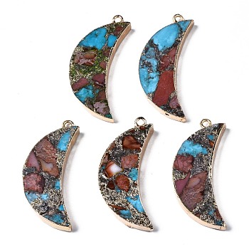 Assembled Natural Bronzite & Synthetic Turquoise & Imperial Jasper Pendants, with Light Gold Iron Loop and Brass Edge, Moon, Indian Red, 18x36x5~7mm, Hole: 2mm