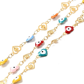 Ion Plating(IP) Stainless Steel Heart Link Chains with Colorful Enamel Evil Eye, Soldered, with Spool, Golden, 12x6x2mm, 12x6x0.3mm