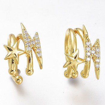 Brass Micro Pave Clear Cubic Zirconia Cuff Earrings, Long-Lasting Plated, Star & Lightning Bolt, Golden, 16.5x11x16mm