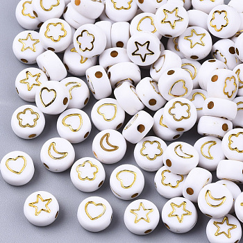 Opaque Acrylic Beads, Flat Round with Mixed Patterns, Golden Plated, White, 7x4mm, Hole: 1.6mm