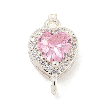 Brass Pave Cubic Zirconia Connector Charms, Heart Links, Silver Color Plated, Pink, 15x9x6mm, Hole: 1.2mm