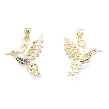 Brass Micro Pave Colorful Cubic Zirconia Pendants, with Brass Snap on Bails, Nickel Free, Hummingbird, Real 18K Gold Plated, 21x23x4.5mm, Hole: 3x4mm