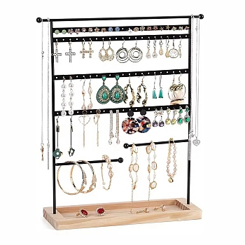 Iron Jewelry Display Stand with Wood Tray, Desktop Jewelry Organizer Holder for Earring Rings Bracelets Storage, Black, 9.5x31x37cm