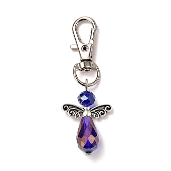Faceted Teardrop Glass Pendants, with Faceted Glass Beads, Alloy Butterfly Beads & Swivel Lobster Claw Clasps, Iron Pins & Bead Caps, Angel, Blue, 61mm, Pendant: 32x21.5x9.5mm