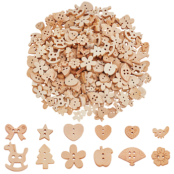 240Pcs 12 Styles 2-Hole Wood Buttons, Beige, Mixed Shapes, 11~20x12.5~23.5x3~3.5mm, Hole: 1.2~2.5mm, 20pcs/style
