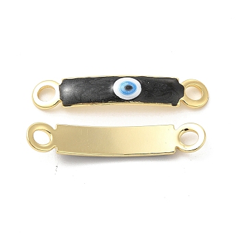 Brass Connector Charms, Curved Rectangle Links with Evil Eye Pattern, with Enamel, Real 18K Gold Plated, Long-Lasting Plated, Black, 30x5x2mm, Hole: 3mm
