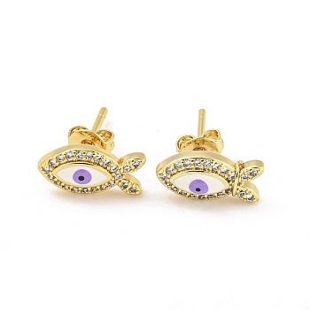 Fish with Evil Eye Real 18K Gold Plated Brass Stud Earrings, with Enamel and Clear Cubic Zirconia, Lilac, 6x12mm