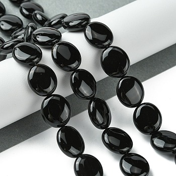 Natural Black Onyx(Dyed & Heated) Beads Strands, Flat Oval, 13~14x12x5.5~6mm, Hole: 1.2mm, about 29pcs/strand, 15.83''(40.2cm)