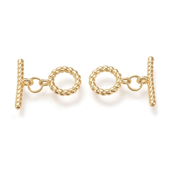 Brass Toggle Clasps, Long-Lasting Plated, Twist Ring & Bar, Real 18K Gold Plated, Twist Ring: 13x10x2~3.5mm, Hole: 1.8mm, Bar: 17.5x5.5x2~4mm, Hole: 1.8mm
