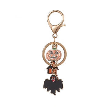 Halloween Theme Alloy Enamel Keychains, with Iron Keychain Clasp Findings, Pumpkin & Ghost & Haunted House, Golden, 10.3cm