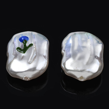 ABS Plastic Imitation Pearl Beads, with Enamel, Oval with Flower, Medium Blue, 21x15x7~8mm, Hole: 1.2mm