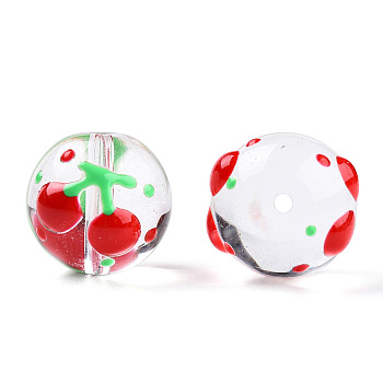 Transparent Handmade Lampwork Beads, Round with Cherry Pattern, Red, 17x16x15mm, Hole: 1.8~2mm