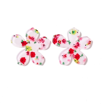 Transparent Acrylic Pendants, Flower with Flower Pattern, Red, 31x32x2mm, Hole: 1.5mm