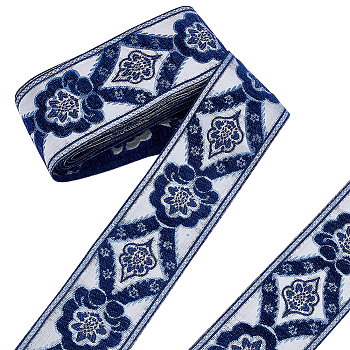 Nbeads Chenille Jacquard Weave Ribbons, Floral Pattern, Dark Blue, about 3-3/8~3-1/2 inch(85~88mm), about 5.47 Yards(5m)/Set