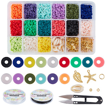 DIY Jewelry Set Kits, with Handmade Polymer Clay Heishi Beads, Brass Spacer Beads, Cowrie Shells, Alloy Pendants, Iron Jump Rings, Elastic Crystal Thread, Steel Scissors, Mixed Color, Disc Beads: 6x1mm, Hole: 2mm