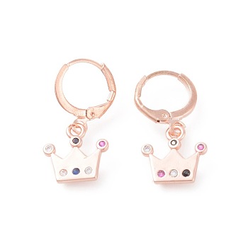 Brass Micro Pave Cubic Zirconia Dangle Hoop Earrings, Crown, Colorful, Rose Gold, 26mm, Pin: 0.9mm