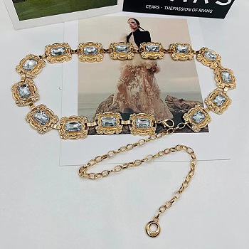 Alloy Pave Clear Glass & Iron Rectangle Link Chain Waist Chain Belts for Women, Antique Golden, 1200mm