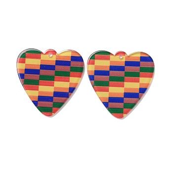 Transparent Printed Acrylic Pendants, Heart with Tartan Pattern, Colorful, 40x40x3mm, Hole: 1.8mm