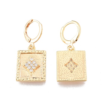 Clear Cubic Zirconia Rectangle Dangle Leverback Earrings, Brass Jewelry for Women, Cadmium Free & Nickel Free & Lead Free, Real 18K Gold Plated, 31mm, Pin: 1mm
