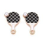 Alloy Enamel Pendants, with ABS Imitation Pearl, Lead Free & Cadmium Free, Golden, Racket Charm, Black, 20x13x4mm, Hole: 1.8mm(ENAM-T020-94A)