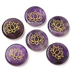 Natural Amethyst Cabochons, Flat Round with Engraved Gold Lotus Flower, 25~26x6~7mm(G-C158-04C)