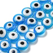 Handmade Evil Eyes Lampwork Beads Strands, Flat Round, Dodger Blue, 10x4mm, Hole: 0.6mm, about 40pcs/strand, 15.55''(39.5cm)(LAMP-H001-11A-02)