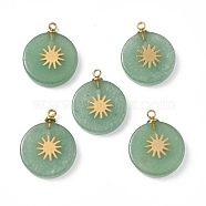 Natural Green Aventurine Pendants, Flat Round with Vacuum Plating 201 Stainless Steel Sun Pattern, Real 18K Gold Plated, 18.5~19.5x14.5~15x3~4mm, Hole: 1.4mm(STAS-C064-VC860)
