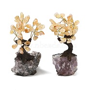 Natural Yellow Quartz Chips Tree Sculpture, Amethyst Cluster Base Copper Wire Feng Shui Energy Stone Gift for Home Desktop Decoration, 55~60x40~68x120~130mm(DJEW-K026-01B)