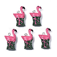 Opaque Resin Pendants, with Platinum Tone Iron Loop, Flamingo Shape, Camellia, 28.5~29.5x17~18x8mm, Hole: 2mm(X-RESI-T028-77)