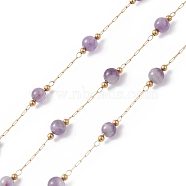 304 Stainless Steel Link Chains, with Amethyst Beads & Spool, Unwelded, Golden, 2~4.5x0.6~4.5x0.2~4.5mm(CHS-P016-07G)