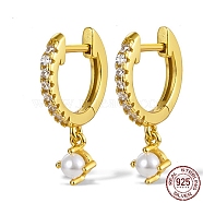 Sterling Silver Hoop Earrings, with Natural Pearl Drop, Real 18K Gold Plated, 12x12mm(ZB6013-2)