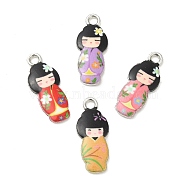 Alloy Enamel Pendants, Cadmium Free & Nickel Free & Lead Free, Platinum, Japanese Doll Charm, Mixed Color, 21x8.5x2mm, Hole: 2mm(FIND-C037-17P)