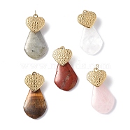 Natural Mixed Gemstone Pendants, Teardrop Charms, with Ion Plating(IP) Golden Tone 304 Stainless Steel Heart Findings, 36.5~37x18.5~19x8~8.5mm, Hole: 4mm(G-I343-05)