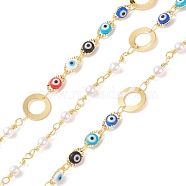 Brass Ring & Horse Eye Link Chains, with CCB Imitation Pearl & Glass Beaded, Soldered, with Spools, Cadmium Free & Lead Free, Real 18K Gold Plated, Colorful, 10x0.5mm, 12x4mm, 8x5x3mm(CHC-P009-19G)