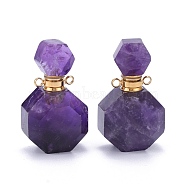 Faceted Natural Amethyst Openable Perfume Bottle Pendants, with 304 Stainless Steel Findings, Golden, 34~36x20~22x12~13mm, Hole: 1.8mm, Bottle Capacity: 1ml(0.034 fl. oz)(G-I287-06G-C)