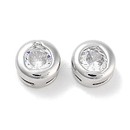 Brass with Single Cubic Zirconia Slide Charms, Flat Round, Platinum, Clear, 5.5x3.5mm, Hole: 3x0.6mm(KK-C051-27P-01)