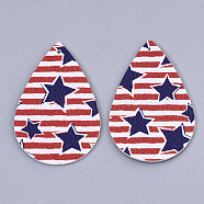 Independence Day Theme, PU Leather Big Pendants, Double Sided, teardrop, with Star Stripe Pattern, Red, 56x37x1.5mm, Hole: 1.8mm(X-FIND-R074-03F)