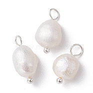 Natural Pearl Potato Charms, with Brass Loops, Silver, 13~15x6~8x6mm, Hole: 2.8mm, 3pcs/set(PALLOY-JF02199-01)