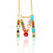 Golden Brass Micro Pave Cubic Zirconia Initial Pendants Necklaces, with Cable Chains, Colorful, Letter, Letter.M, 17.9~18.1 inch(45.5~46cm)x1.5mm, LetterM: 20x16.5x6mm(NJEW-S069-JN002-M)