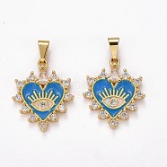Brass Clear Cubic Zirconia Pendants, with Enamel, Long-Lasting Plated, Real 18K Gold Plated, Heart and Eye, Dodger Blue, 23x19x3mm, Hole: 2.5x6mm(ZIRC-J025-67G-04)
