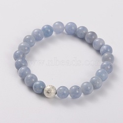 Natural Gemstone Stretch Bracelets, with Brass Textured Beads, Silver Color Plated, Aquamarine, 49mm(X-BJEW-JB01699-05)