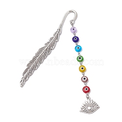 Handmade Lampwork Evil Eye Beaded Pendant Bookmarks, Alloy Feather Bookmark, Colorful, Bookmark: 115x13x3mm(AJEW-JK00251)