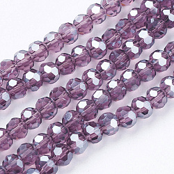 Electroplate Glass Bead Strands, Pearl Luster Plated, Faceted(32 Facets), Round, Purple, about 4mm in diameter, hole: 0.5mm, about 100pcs/strand, 14.2 inch(X-EGLA-R015-4mm-22)